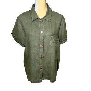 Hot Cotton Marc Ware Olive Green Linen Short Sleeve Top Blouse Medium